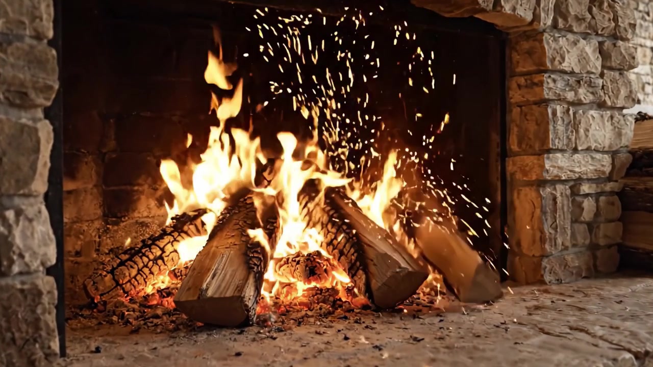 Accogliente camino interno con fuoco scoppiettante e legna accatastata su un tappeto, creando un'atmosfera calda durante le serate invernali per relax e comfort.