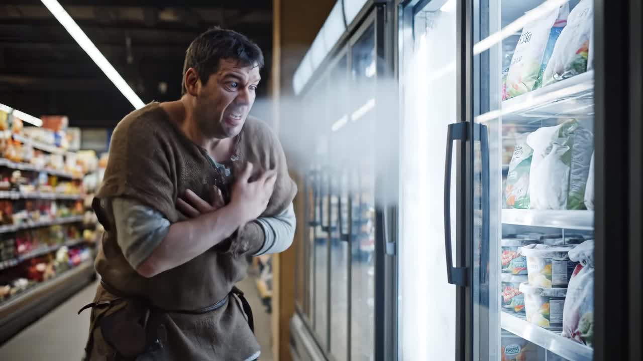 Man Feels Cold in Supermarket Freezer Aisle