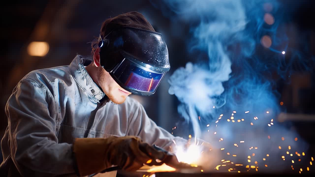 A Skilled Welder Concentrating on His Craft, Creating Sparks and Blue Flames While Welding Metal in a Workshop Environment with Focused Intensity