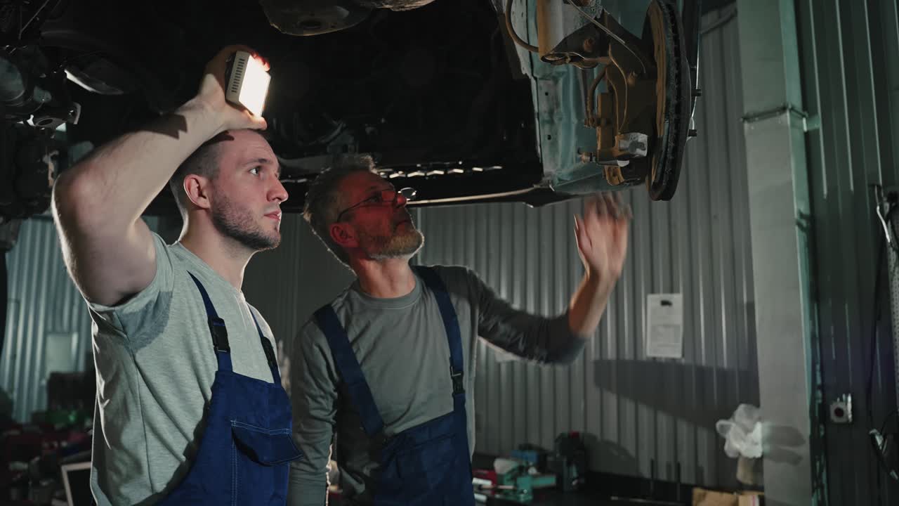 Car Mechanics Inspecting Undercarriage