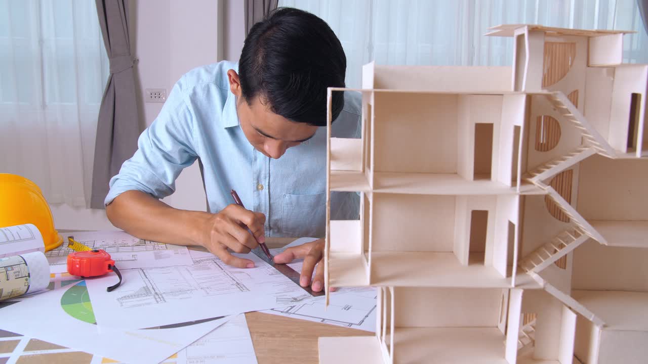 Male Architect Working On A Building Blueprint With Architectural House Model