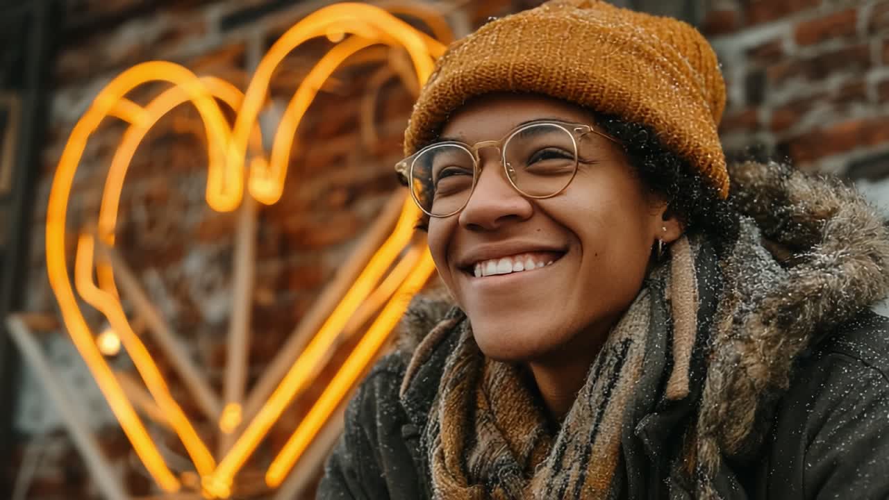 A Joyful Moment Captured: A Young Individual Smiles Radiantly Against a Backdrop of Beautiful Neon Lights in a Heart Design, Evoking Warmth and Positivity