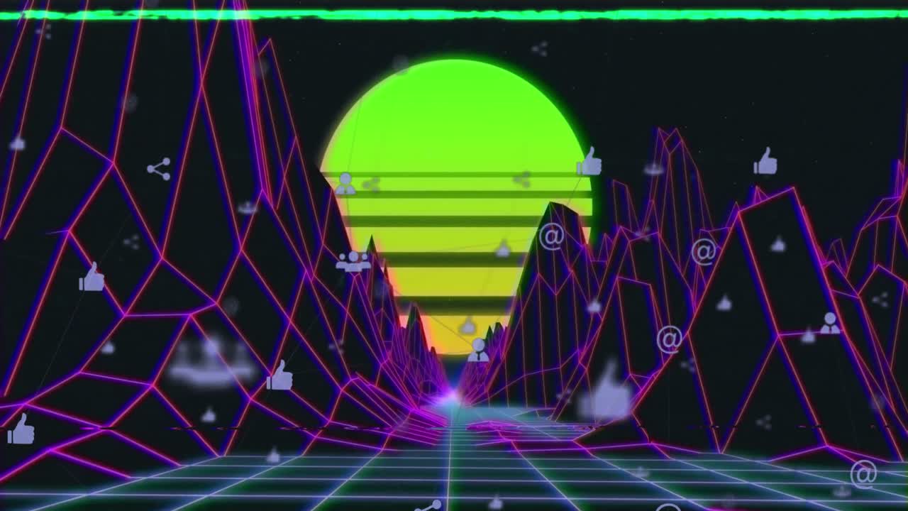 검은색 배경의 메타버스 구조에 대항하여 여러 기호에 대한 글리치 효과의 애니메이션