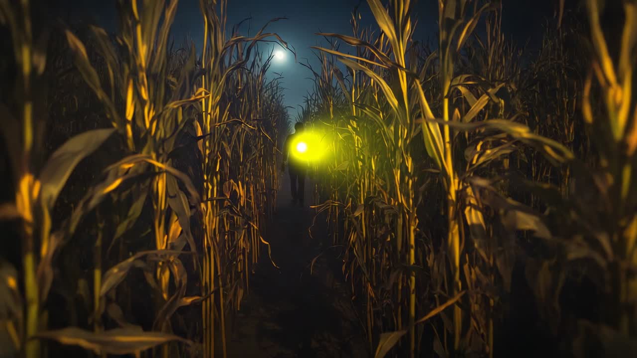 Emerging greenish-yellow orb drifting on moonlit cornfield path, silhouette person guiding light