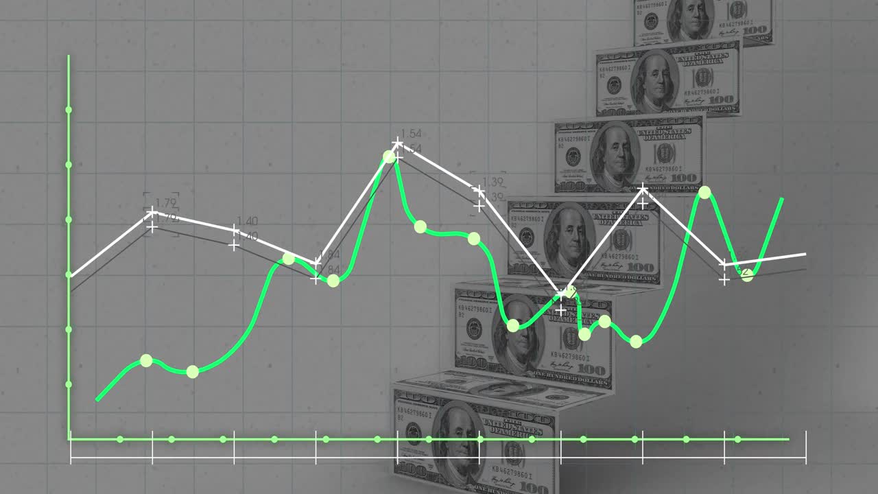 animación del procesamiento de datos financieros sobre billetes de dólares estadounidenses