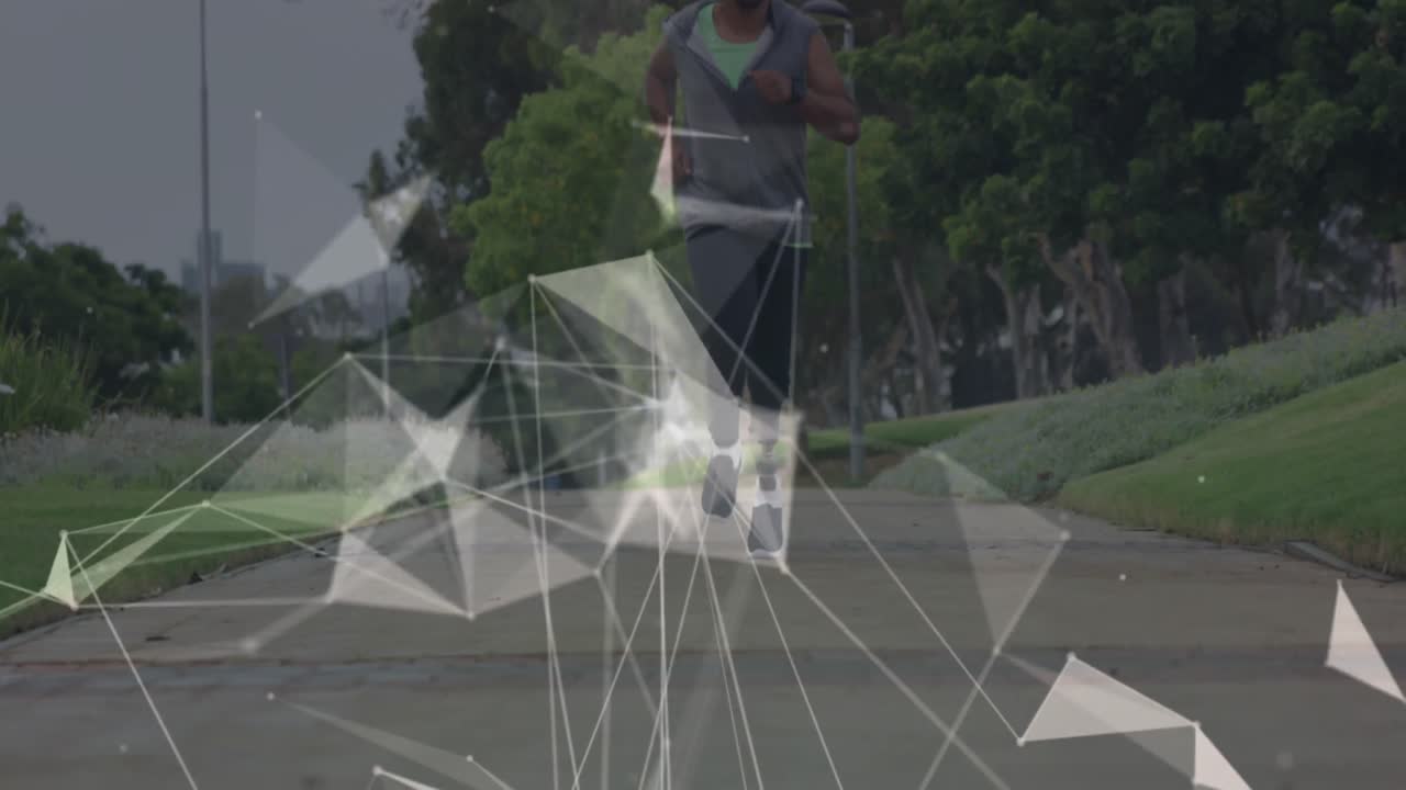 animación de una red de comunicación rotativa sobre un atleta masculino con una pierna protésica corriendo