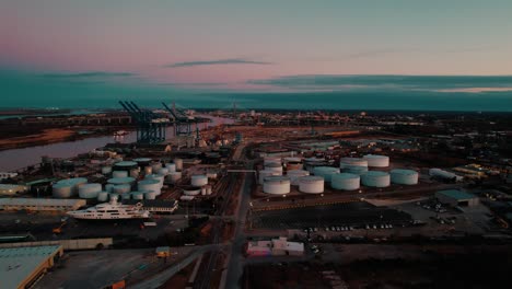 maritime hub in savannah, georgia. sunset aerial.