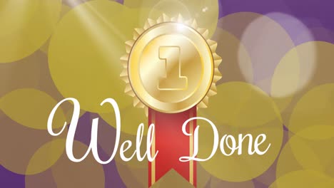 Animation-of-floating-golden-dots,-1st-place-medal-and-well-done-on-purple-background