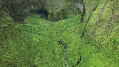 aerial view of a lush valley waterfall