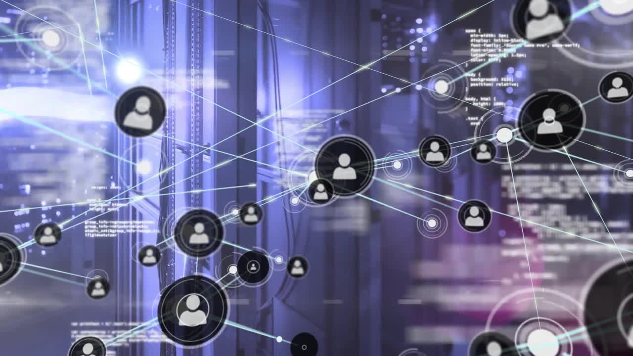 Animation of network of connections with icons and data processing over purple background