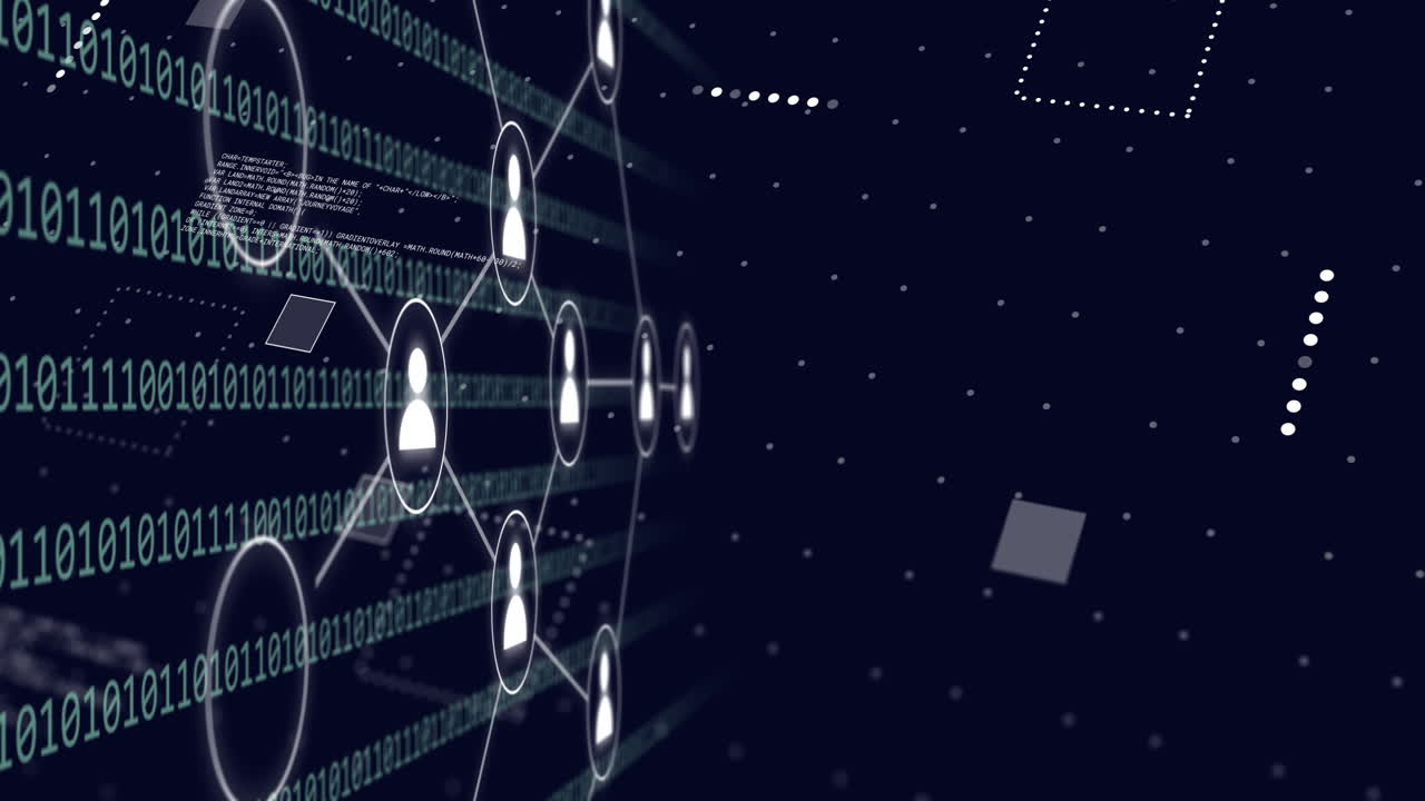 이진 코딩과 데이터 처리가 검은 바탕에 있는 아이콘의 애니메이션