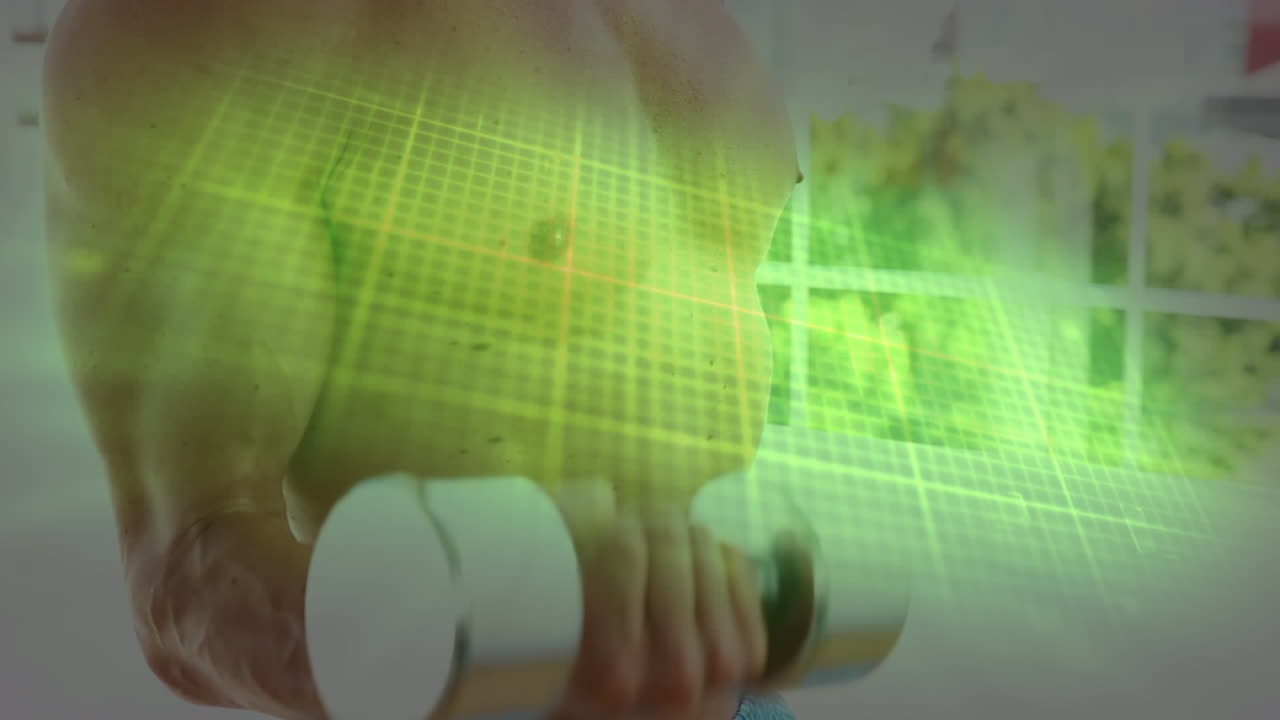 아프리카계 미국인 남자가 덤벨로 운동하는 중간 부분에서 심장 리 ⁇ 의 애니메이션