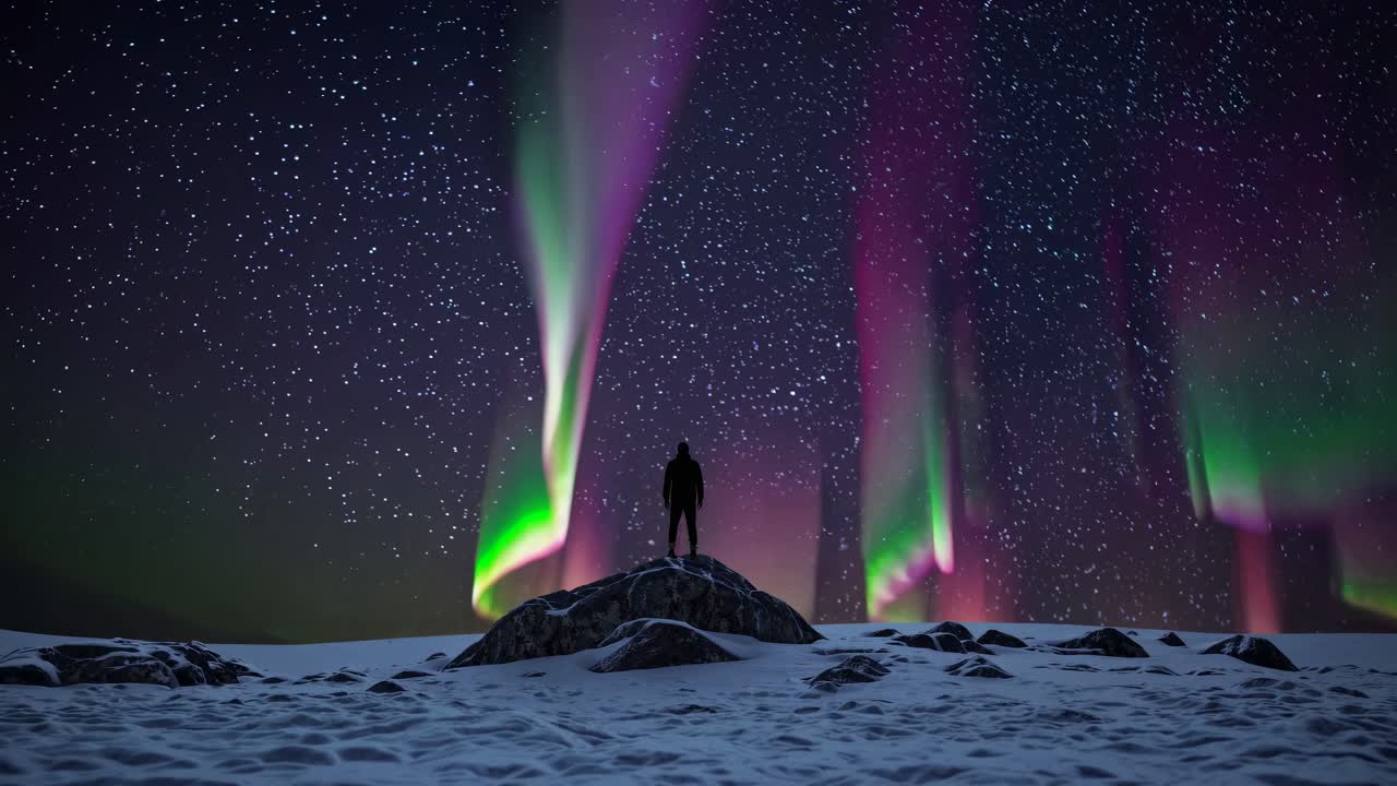 persona de pie bajo una impresionante aurora boreal