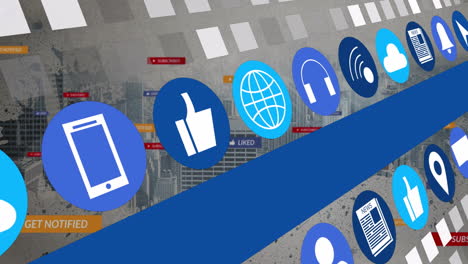animation of digital icons for communication and social media over cityscape