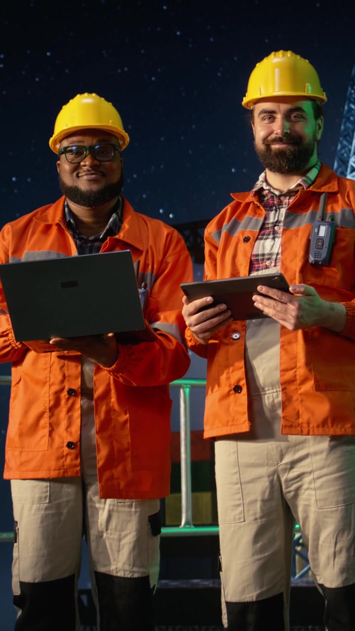 Vertical video Portrait of smiling offshore platform coworkers monitor fuel shortages
