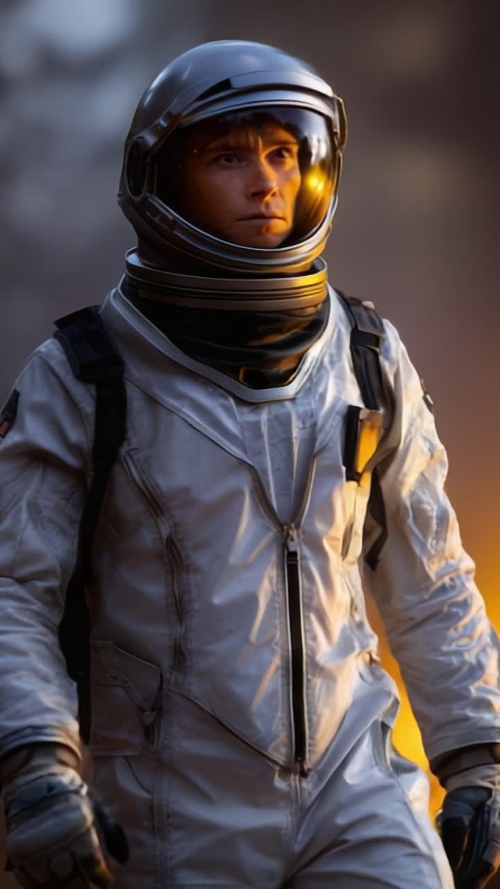 Un astronauta explora un paisaje alienígena, mostrando determinación y resiliencia contra el telón de fondo de un entorno surrealista y ardiente bajo un cielo misterioso.