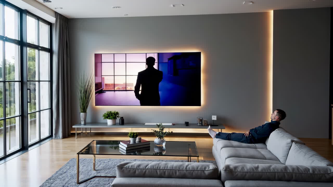 Man Relaxing on a Sofa Watching a Large Screen TV in a Modern Living Room