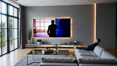 man relaxing on a sofa watching a large screen tv in a modern living room