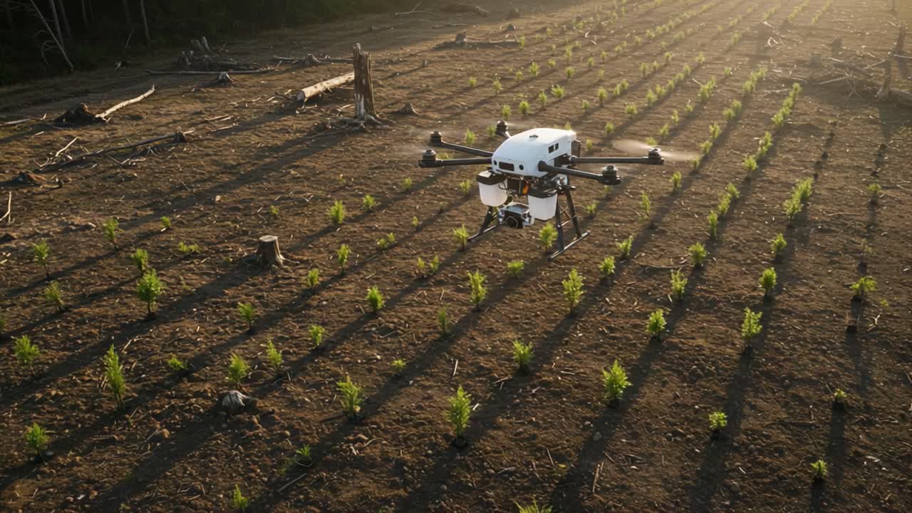 Innovative Agricultural Practices: Drone Technology Enhances Crop Monitoring and Plant Care in Fields with Growing Vegetation Under Golden Light