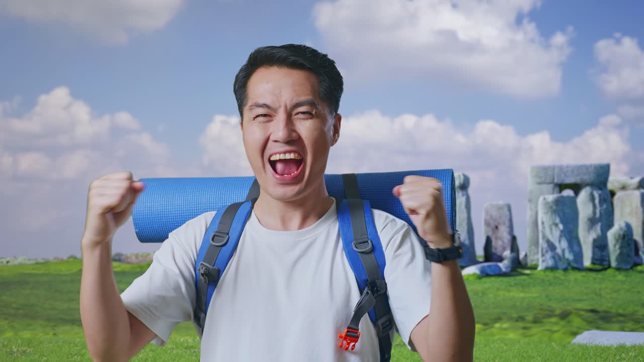 Excited Traveler at Stonehenge