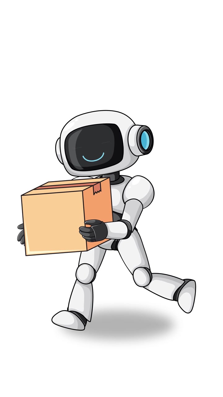 Robot animato cammina in posizione eretta trasportando una scatola di cartone, movimento fluido, sfondo bianco pulito, orientamento verticale.