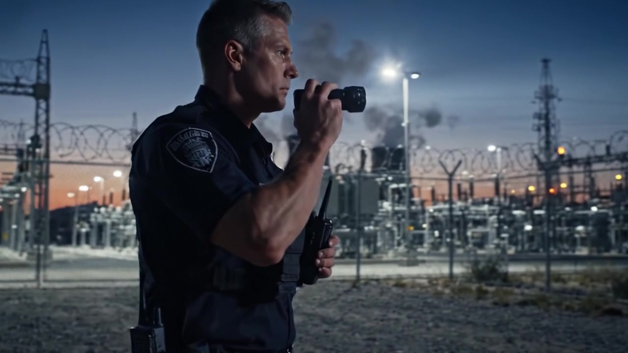 A lone security officer stands vigilant at a power facility, illuminated by the twilight sky and surrounded by barbed wire, ensuring the safety of the industrial complex.