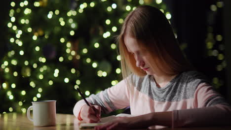 portrait of a child, writes plans for the next year in a diary. against the background of blurry lights of christmas tree garlands