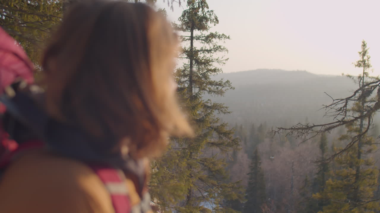 Male Tourist Enjoying View of Winter Forest from Mountain