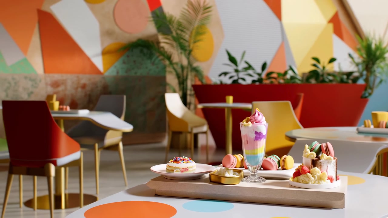 Vista de primer plano de una bandeja de postres seleccionada sobre una mesa curva de lunares, con un alto parfait pastel en capas coronado con un remolino rosa, macarons variados, pastel espolvoreado, bollería de crema y una presentación colorida.