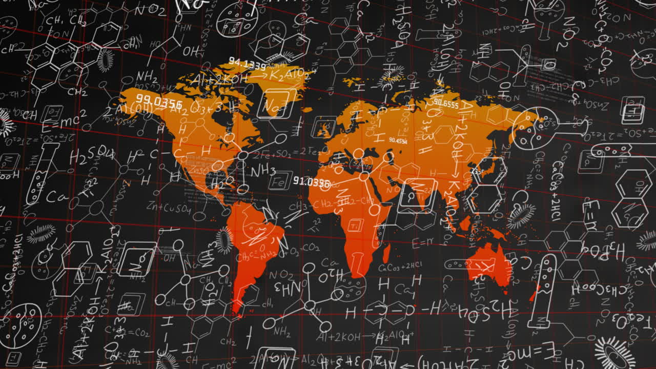 Animation of world map with scientific formulas overlaying continents in school