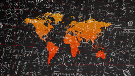 animation of world map with scientific formulas overlaying continents in school