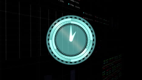 animation of clock over data and graphs over black background