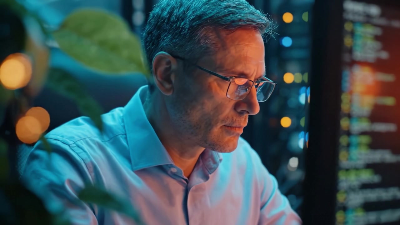 Focused Professional Analyzing Data on Computer Screen Surrounded by Technology in a Modern Workspace Setting with High-Tech Equipment and Ambient Lighting