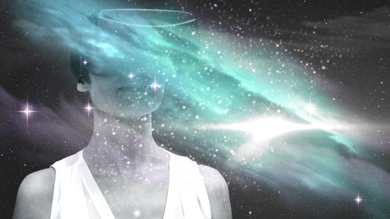 여성이 가상 현실 헤드을 사용하여 배경에서 공간을 사용합니다.