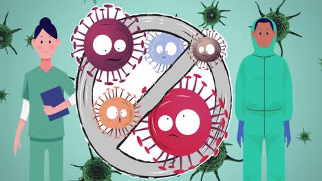 Animation-of-doctors-and-prohibition-sign-over-virus-cells