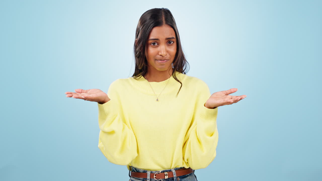 Why hands, woman and confused face with doubt