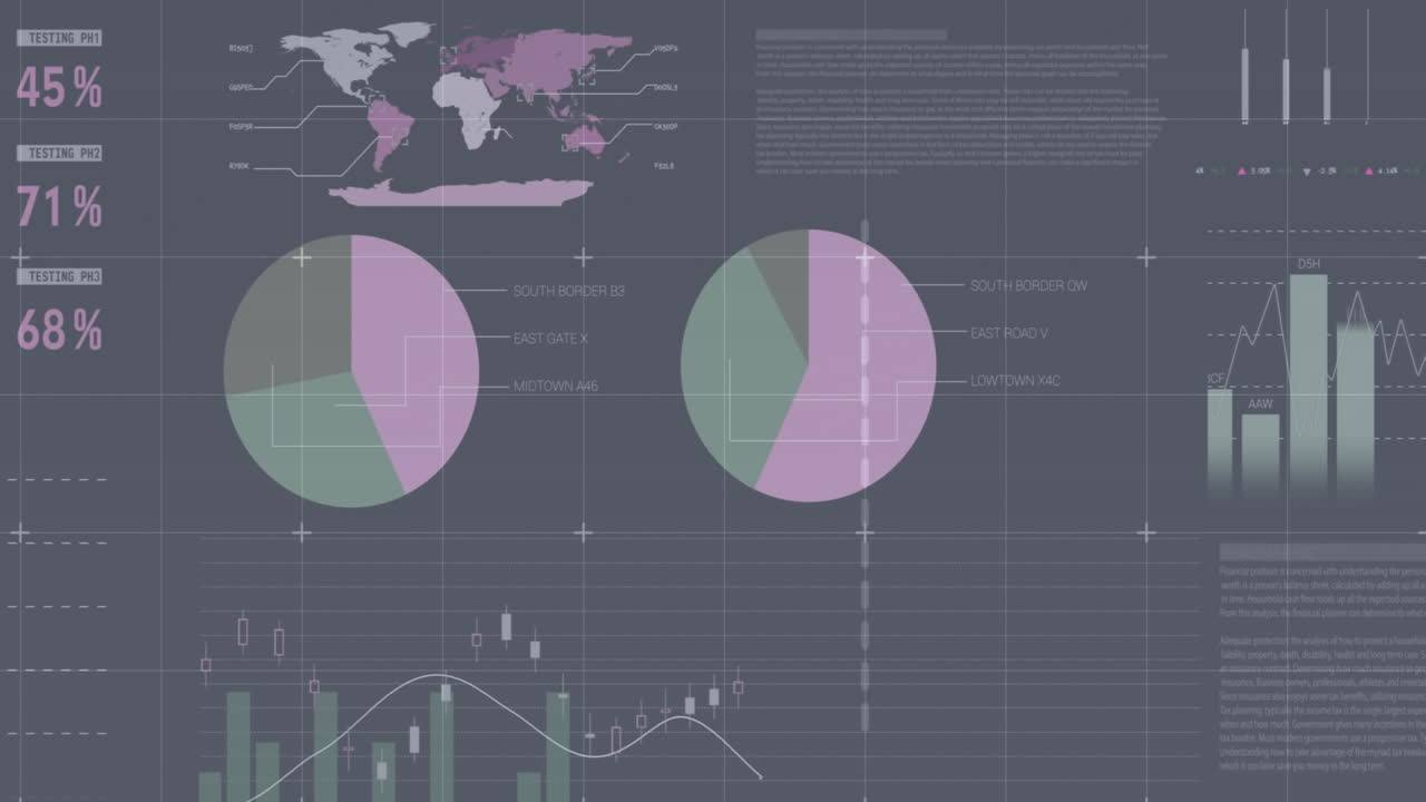 animación del procesamiento de datos financieros sobre una cuadrícula sobre un fondo gris.