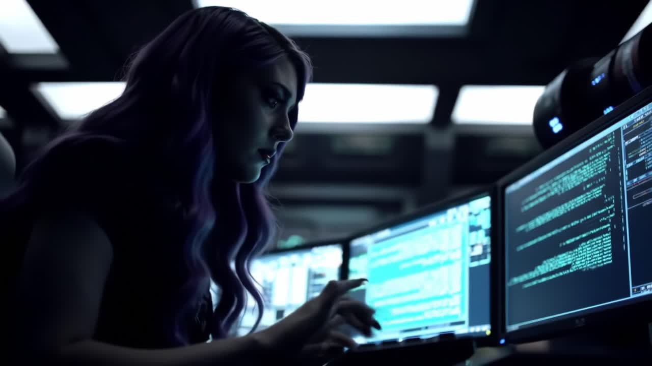 A skilled programmer immerses herself in intense coding sessions, focused on multiple screens, showcasing the intricate world of technology and digital information
