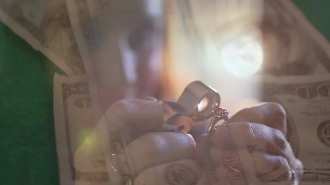 여자 금공이 떨어지는 달러 위에 반지를 확인하는 애니메이션