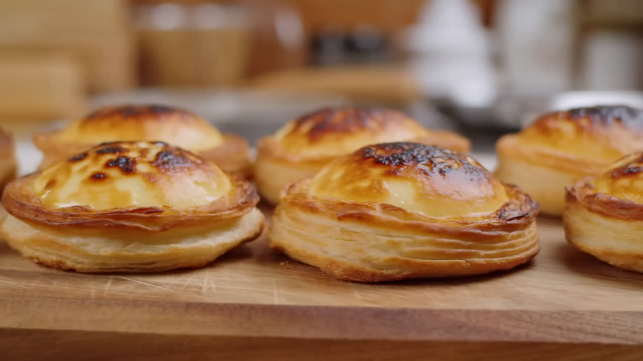 Close-up de Deliciosos Pastéis Dourados em uma Tábua de Madeira