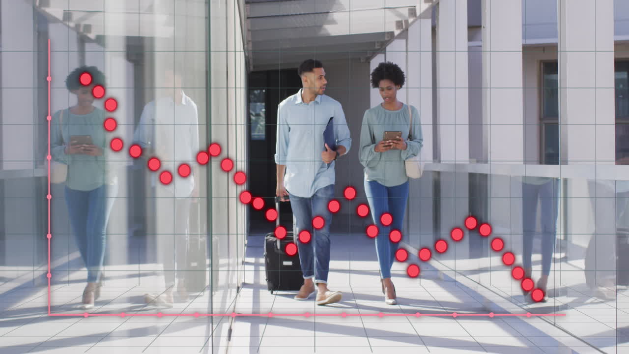 Animation of financial data processing over diverse business people in office