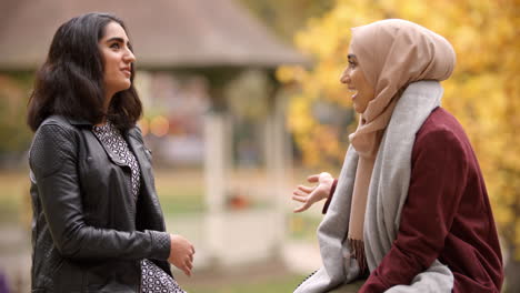 two british muslim women meeting in urban park