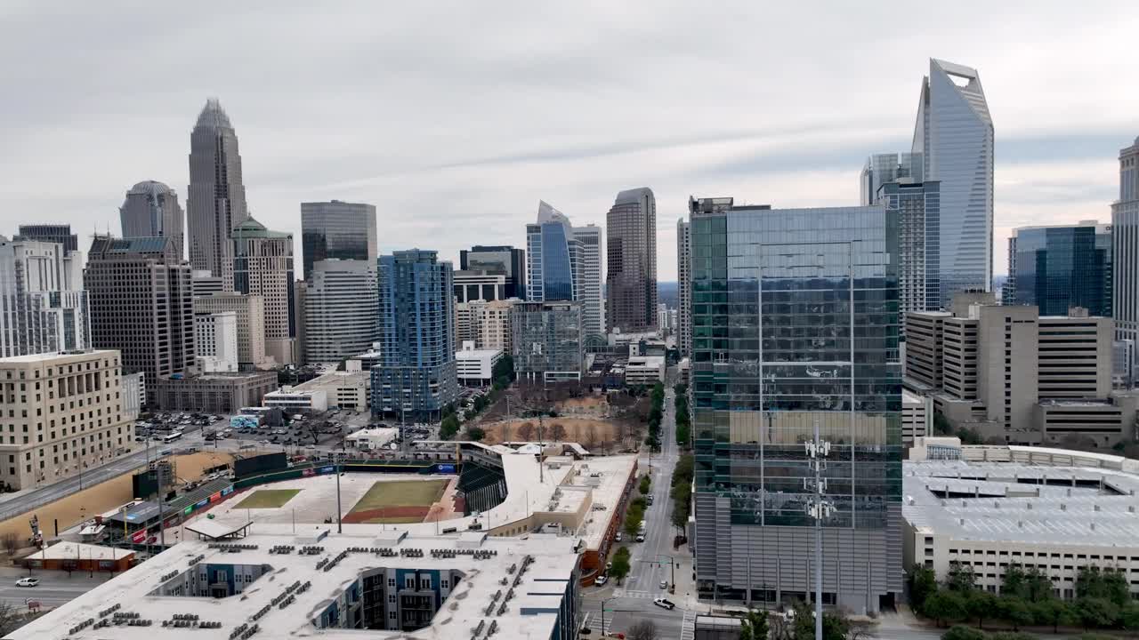 aerial orbit around charlotte nc, north carolina skyline