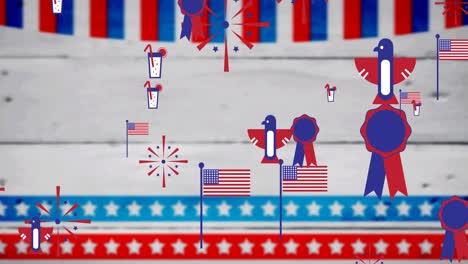 Animación-De-Iconos-Coloreados-En-La-Bandera-Americana-Sobre-Fondo-De-Barras-Y-Estrellas