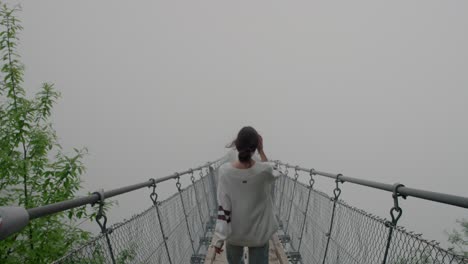 person walking on a misty suspension bridge