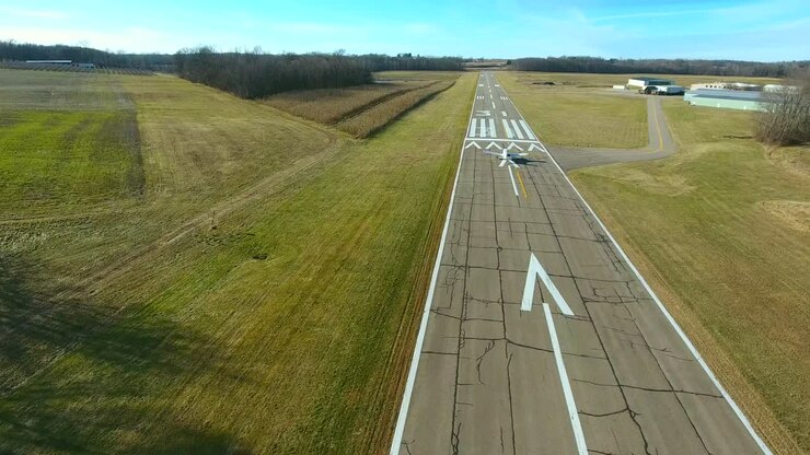 Luchtopnamen: Klein vliegtuig stijgt op van luchthaven met toestemming