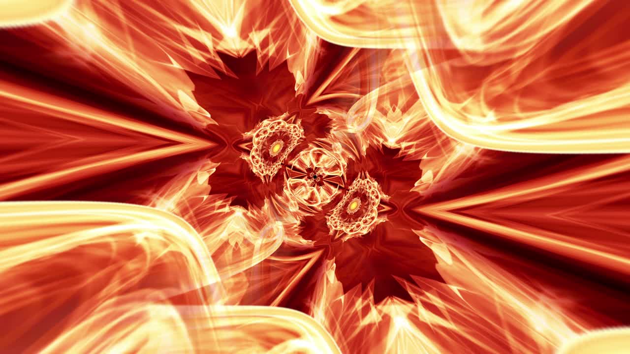 hipnosis abstracta patrones de caleidoscopio de fuego. caos de bucle sin costuras de 4k fondo de animación geométrica. animación de un diseño de fondo de patrón de onda de fusión de fuego de fantasía de brillo y bucle abstracto.