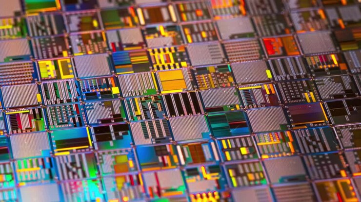 Primo piano di un wafer a semiconduttore in silicio. In elettronica, un wafer, chiamato anche slice o substrato, è una sottile fetta di semiconduttore, un silicio cristallino, utilizzato per la fabbricazione di circuiti integrati