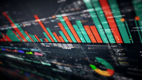 Mercado-De-Valores-De-Negocios,-Comercio,-Gráfico-De-Información-Con-Gráficos-Animados,-Gráficos-Y-Análisis-De-Información-De-Números-De-Datos-Que-Se-Mostrarán-En-La-Pantalla-De-Visualización-Del-Monitor-Para-El-Tema-De-La-Maqueta-De-La-Reunión-De-Negocios