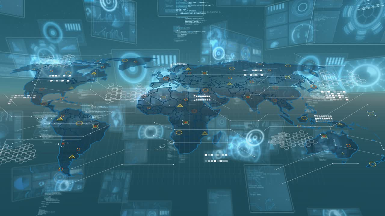 Animation of digital interface and data processing over world map on blue background